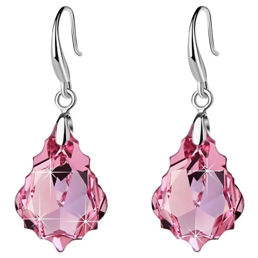 Silver with Pink Sapphire Austrian Crystal Baroque Dangling Drop Hook Earrings